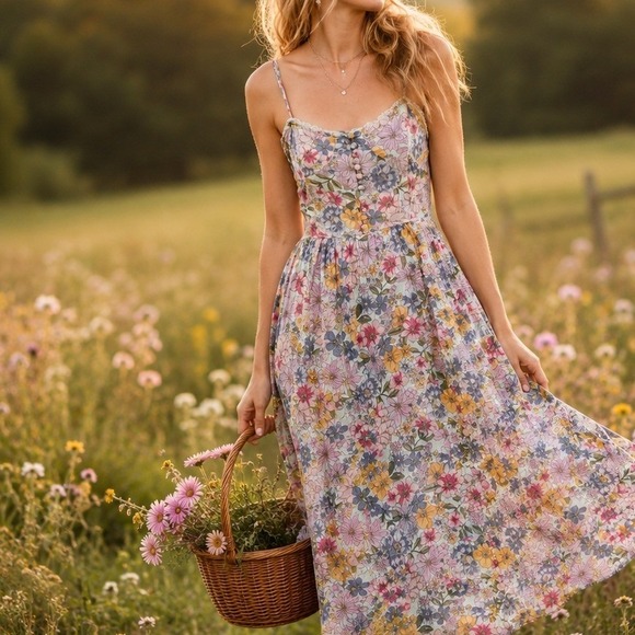 Angie Dresses & Skirts - Angie Floral Boho Midi Dress Cottagecore Fairycore Sundress Medium Romantic